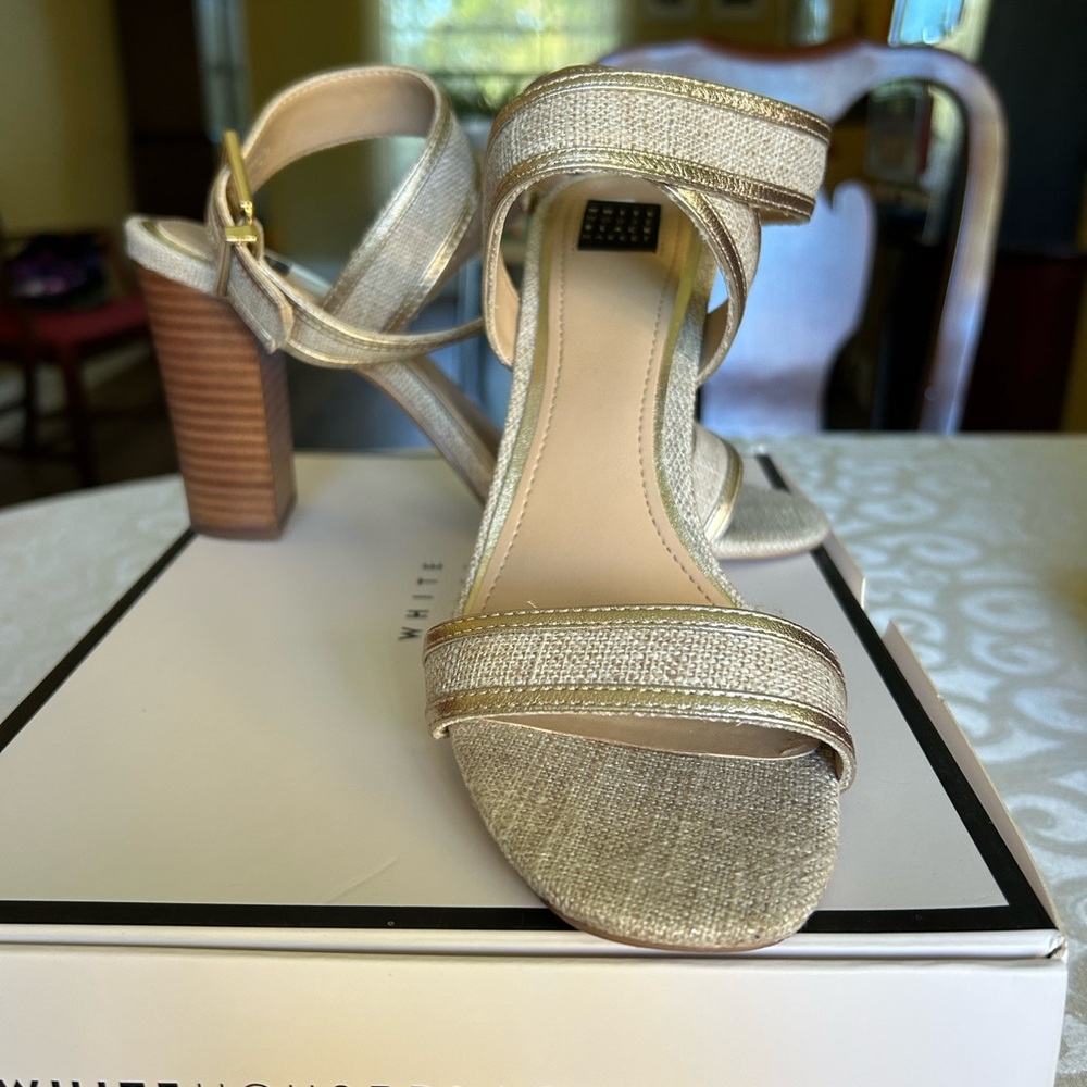 Gold Linen Chunky Heel Sandals